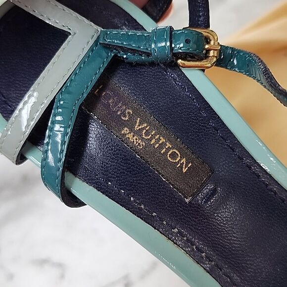 Authentic Louis Vuitton Blue Green Tri-Color Women's Cork Wedges Size 36 - Picture 3 of 9